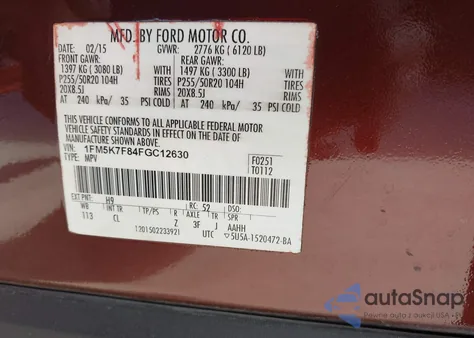 2015 Ford Explorer Limited из США, поврежденный, VIN 1FM5K7F84FGC12630